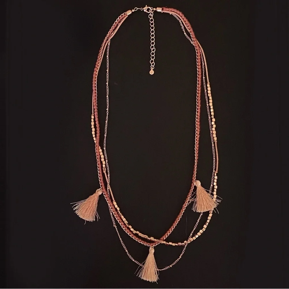 Tasseled Tassel Beaded Statement Multi Layer Boho Necklace in Rose Gold